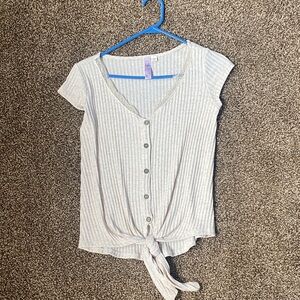 Alya Cream Ribbed Button-Front Tie Waist Top